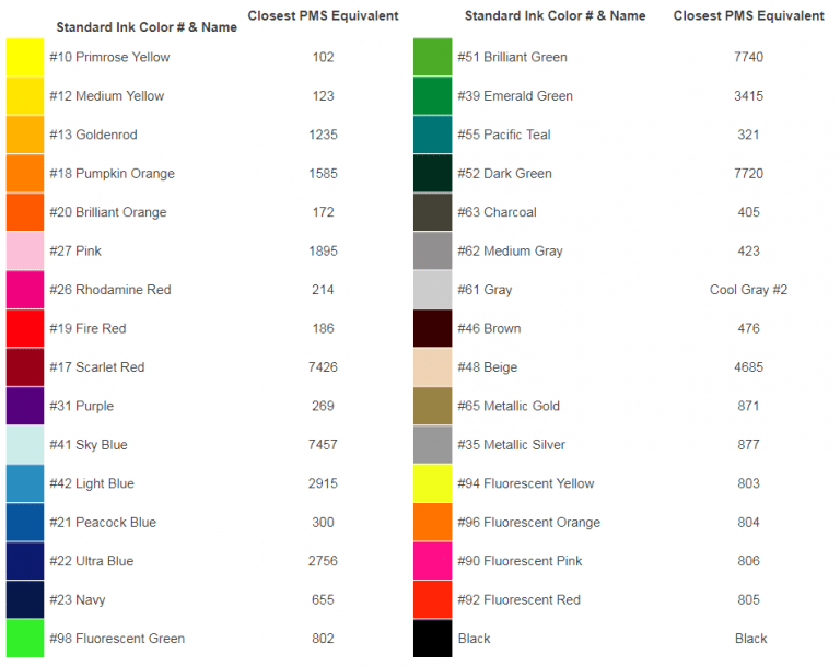 Standard Ink Colors Biz Print and Promo